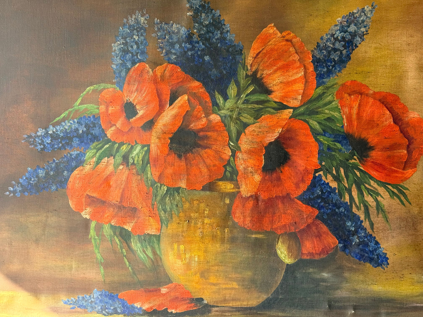 Vintage Floral Poppy Oil Painting, 30”