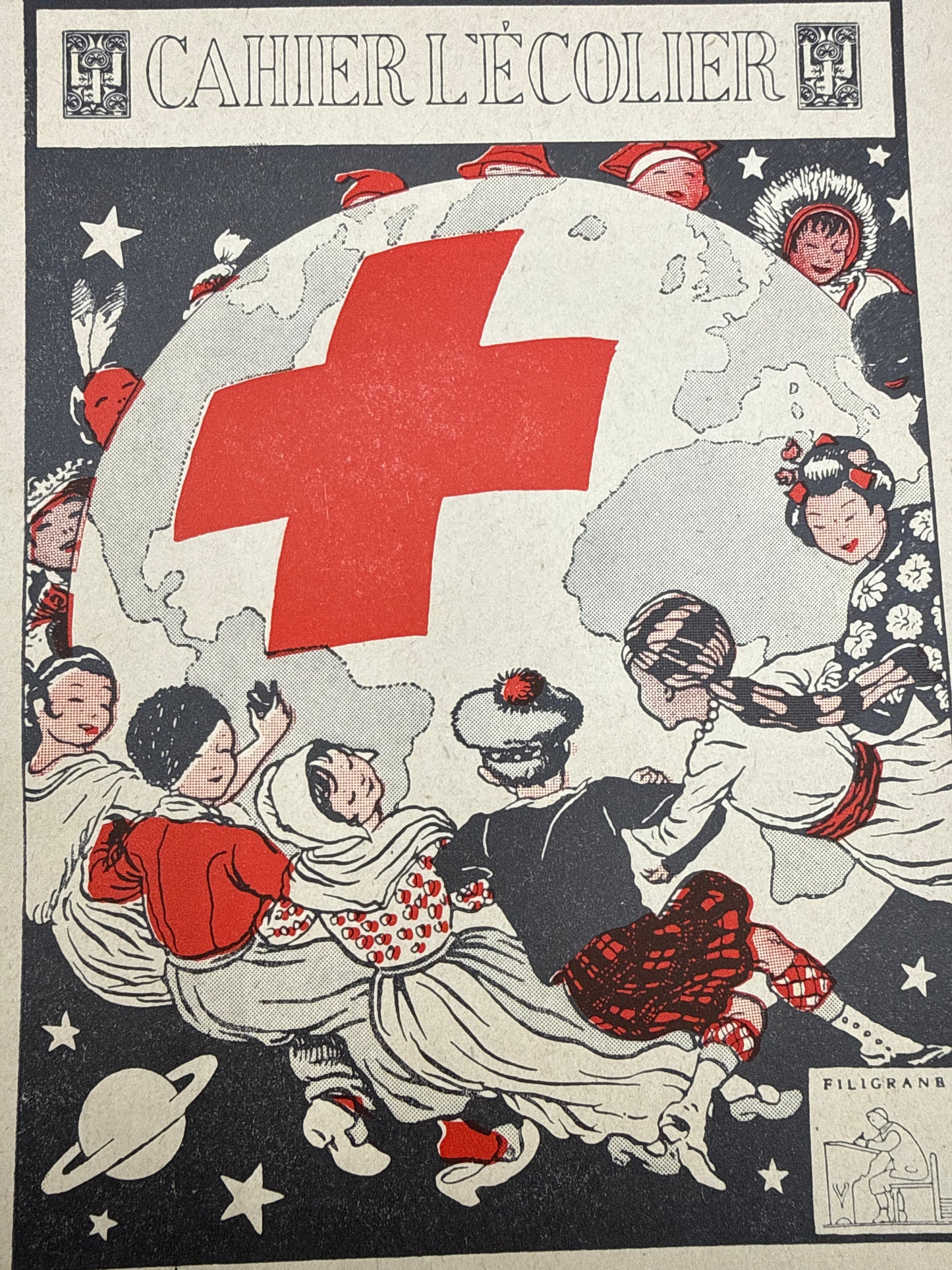 Vintage-style illustration with a red cross symbol on a world map, surrounded by people in different poses.