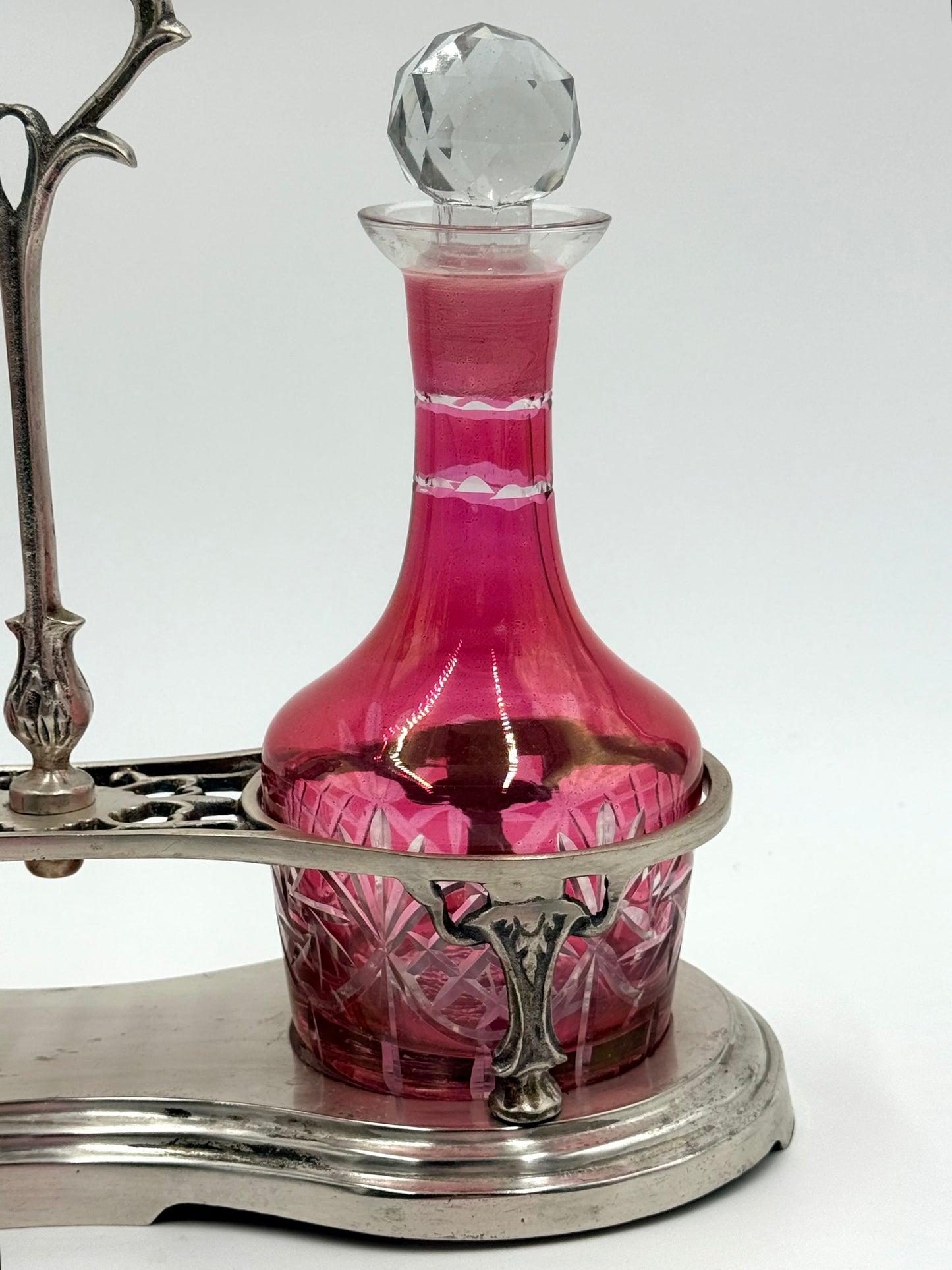Pink Cranberry Glass Decanters on Stand