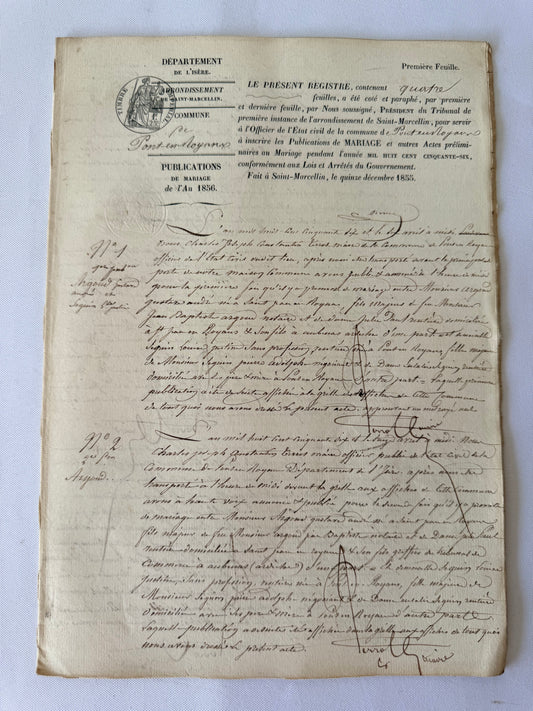 French Publication of Marriage, 1856, Saint Marcellin