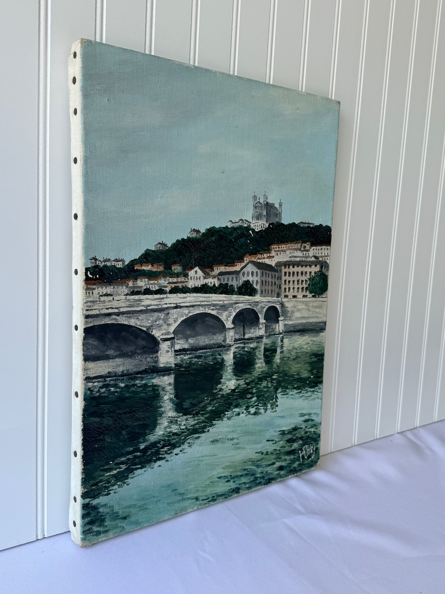 Vintage French Oil Painting Lyon Tilsit Bridge & Saône River, 18”