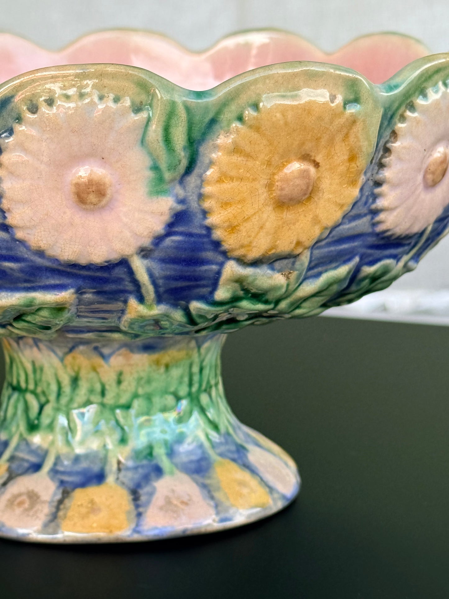 Majolica Ceramic Floral Compote Centerpiece, Griffin Smith
