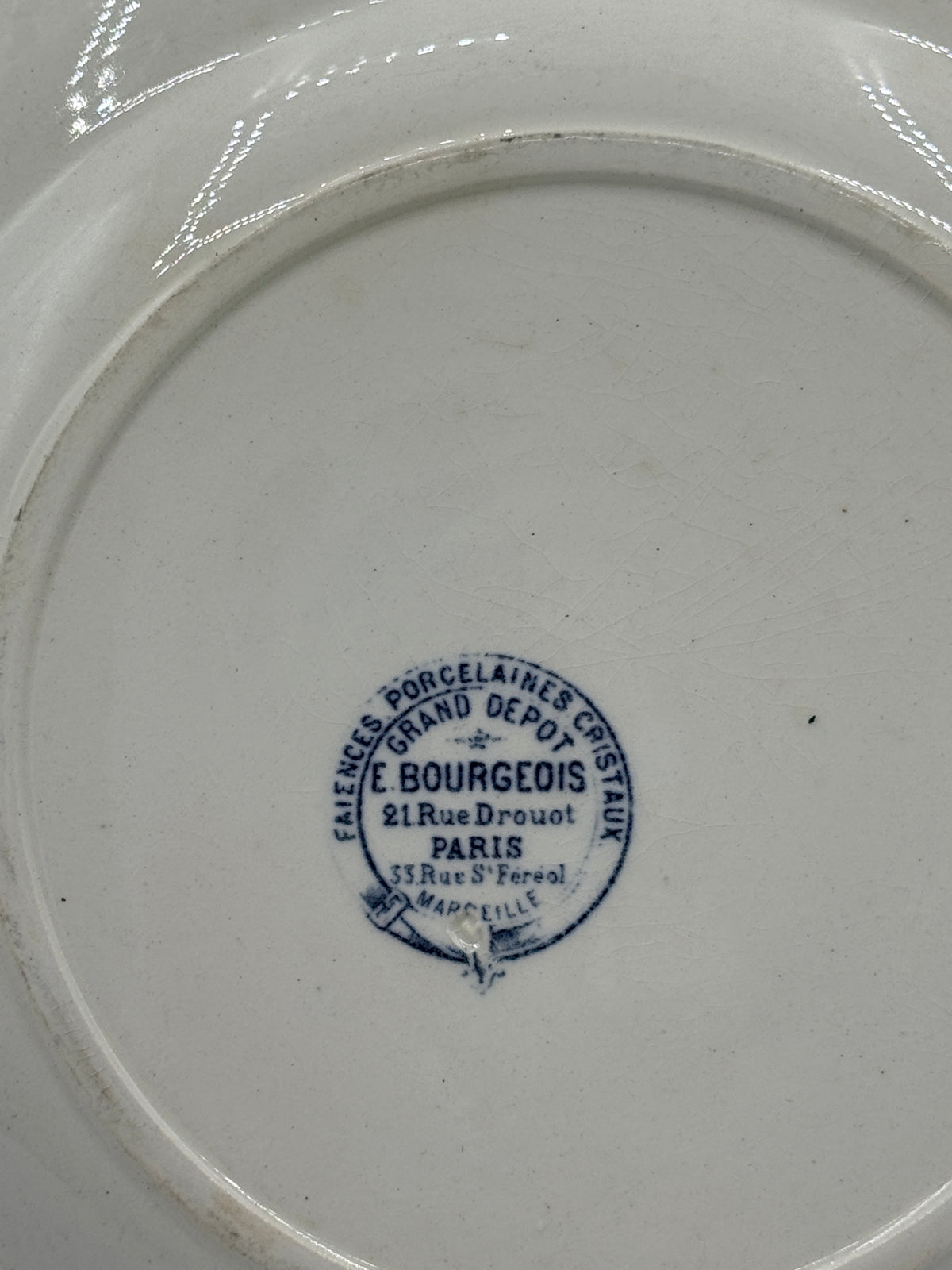 French Ironstone Transferware Floral Plate, Faiences Porcelaines Cristaux