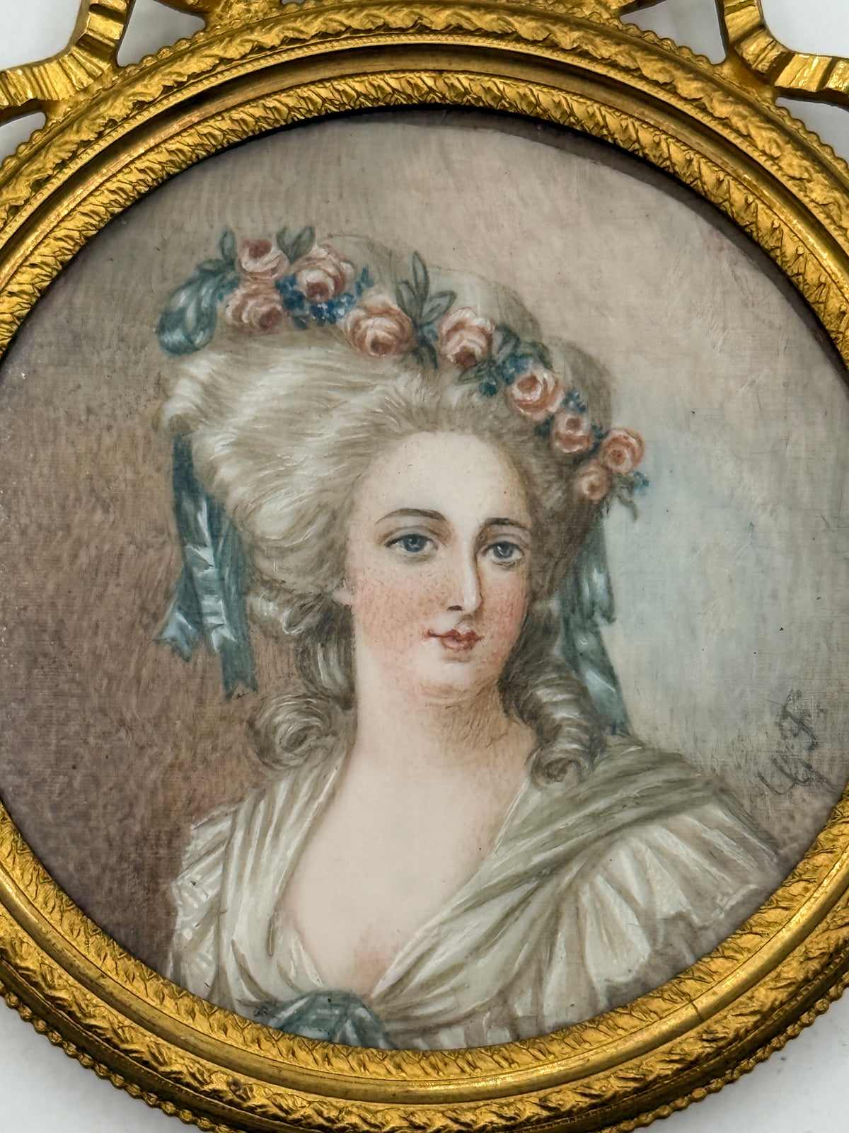 Miniature French Framed Female Portrait in Round Crowned Gold Frame, 3”