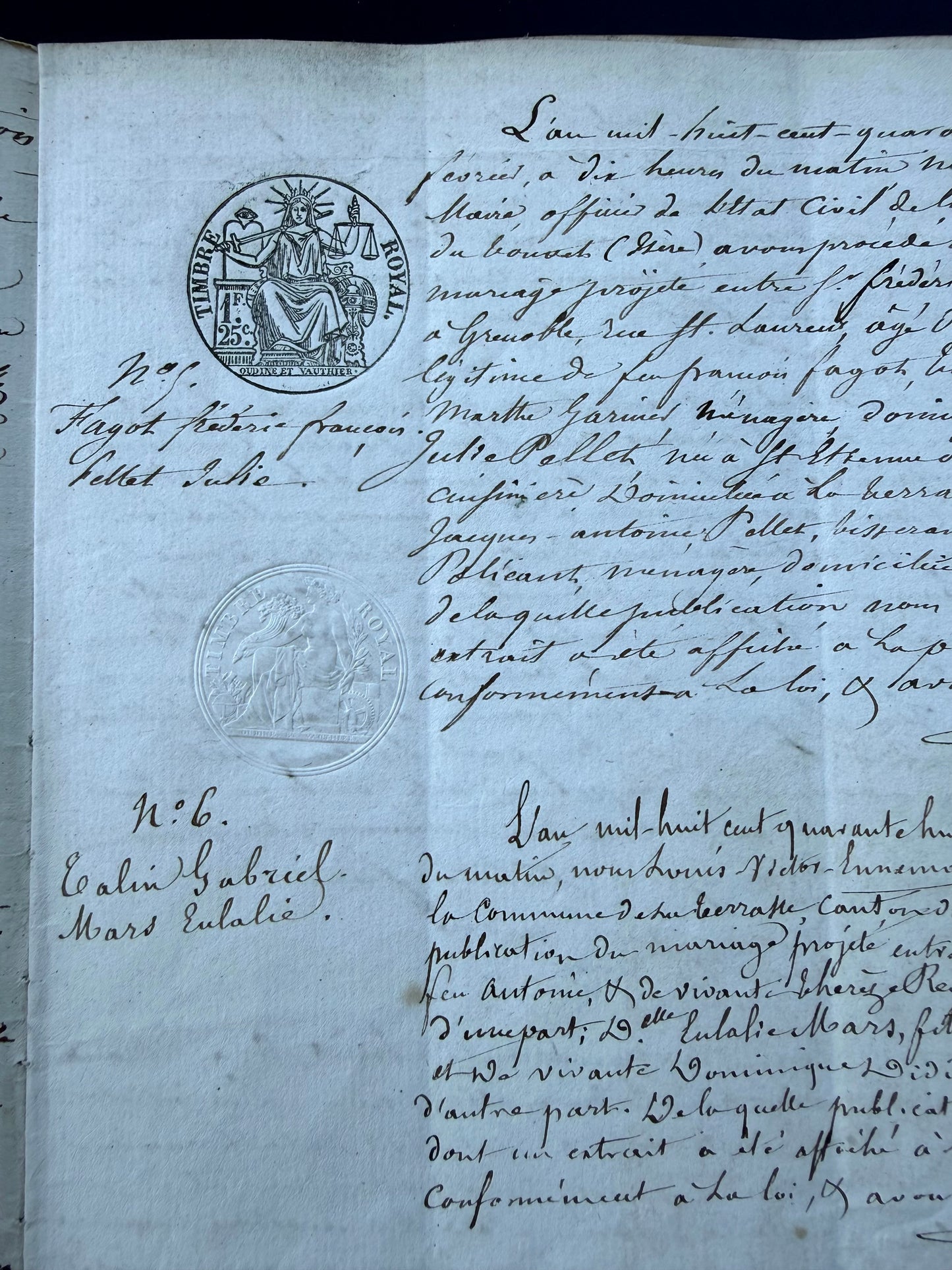 French Handwritten Marriage Registration Document, 1848