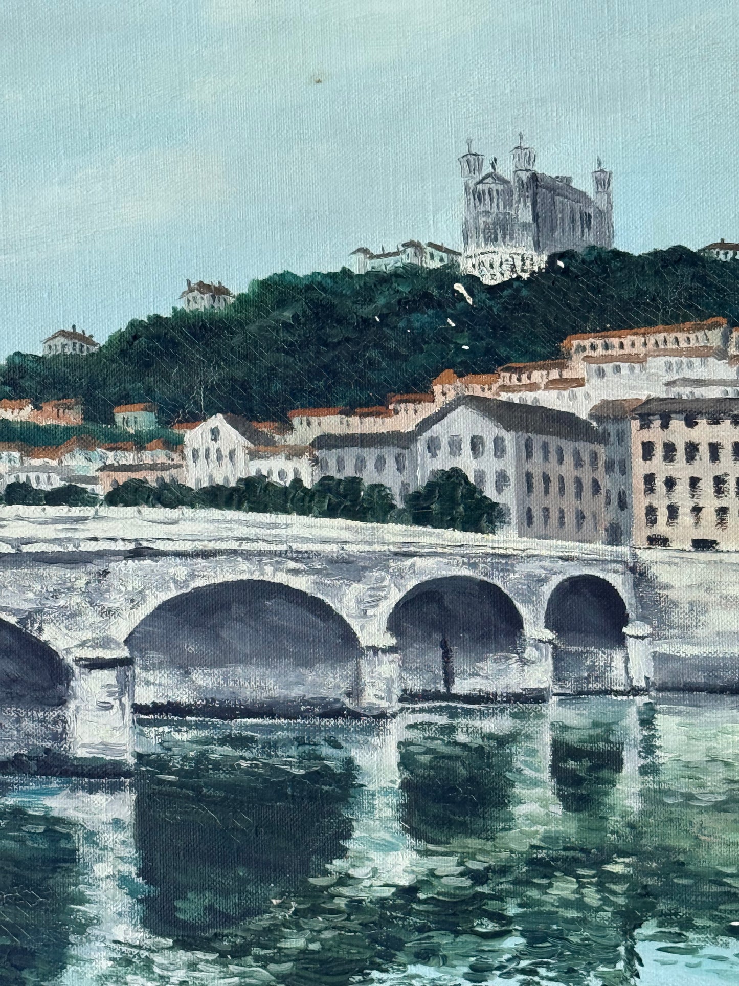 Vintage French Oil Painting Lyon Tilsit Bridge & Saône River, 18”