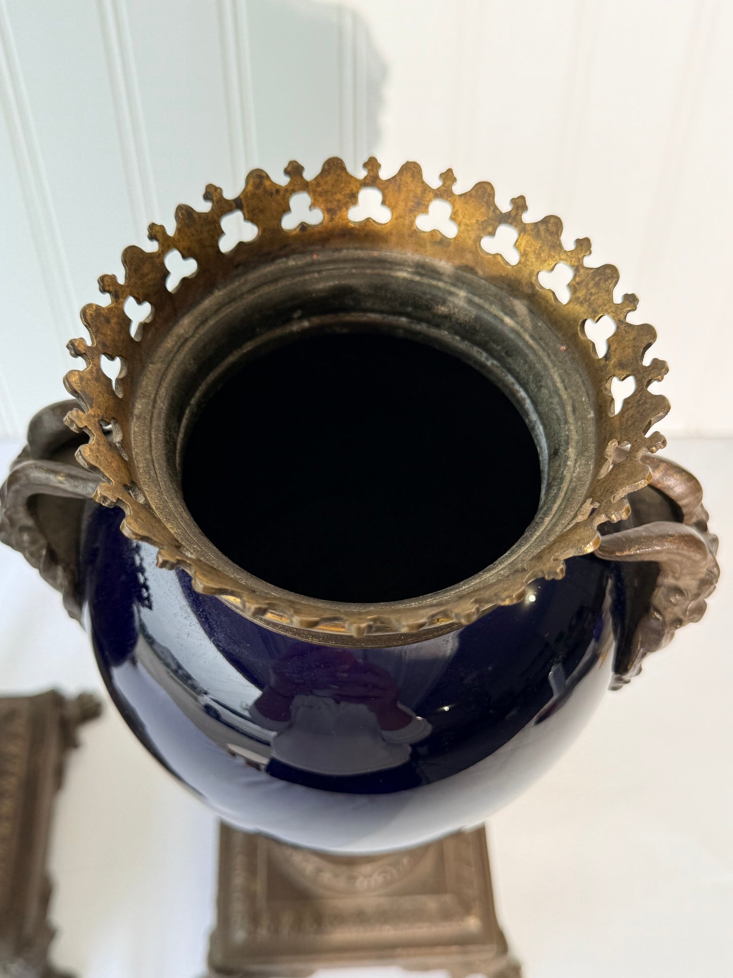 Neoclassical Cobalt Blue Urns on Footings with Bronze Faces, 14”