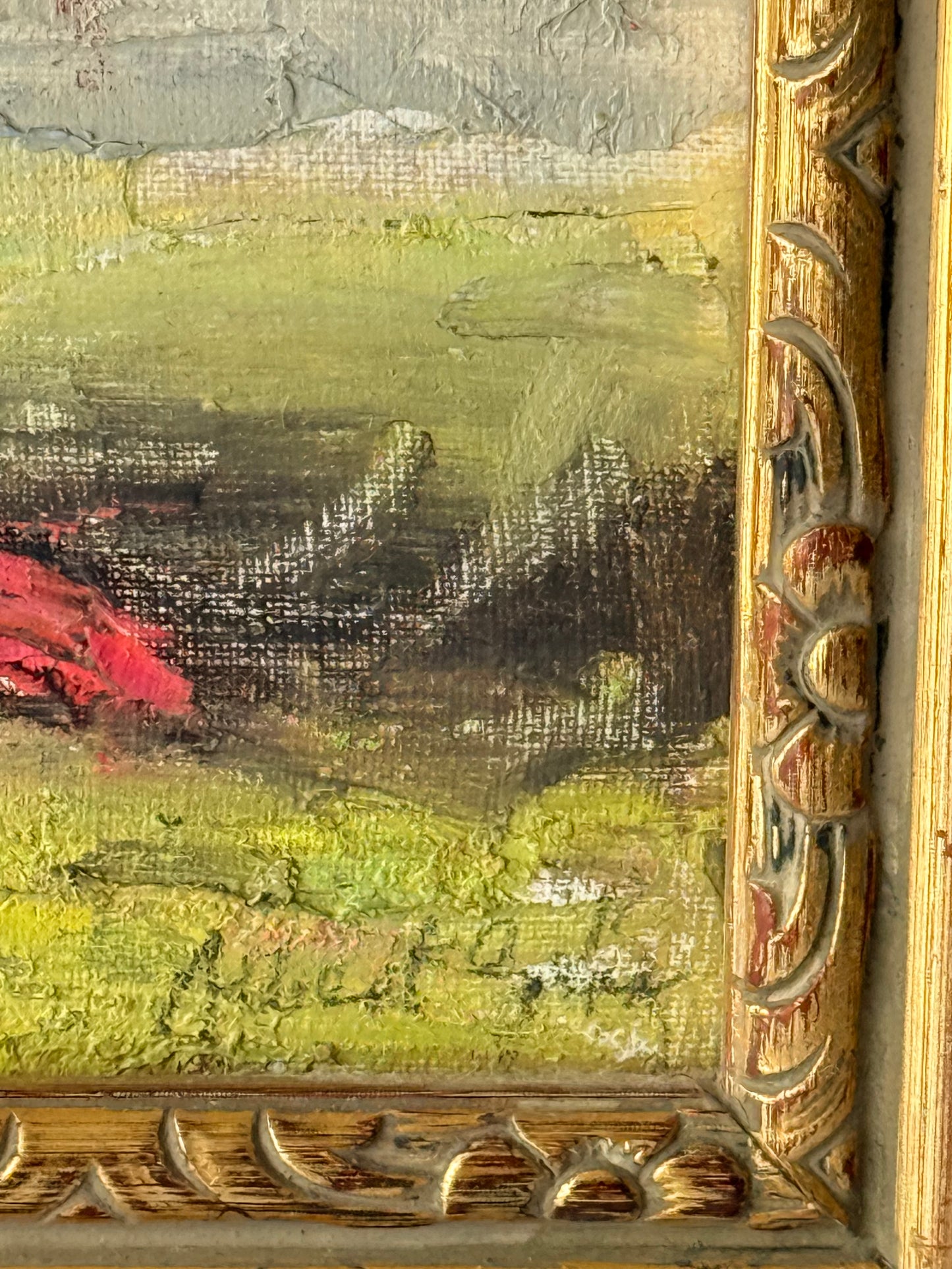 Red Floral Oil Painting, 18”