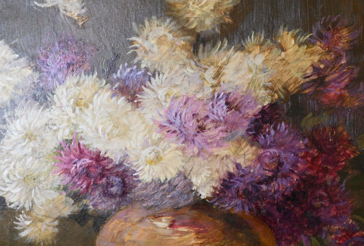Close-up of a still life painting with flowers and a vase.