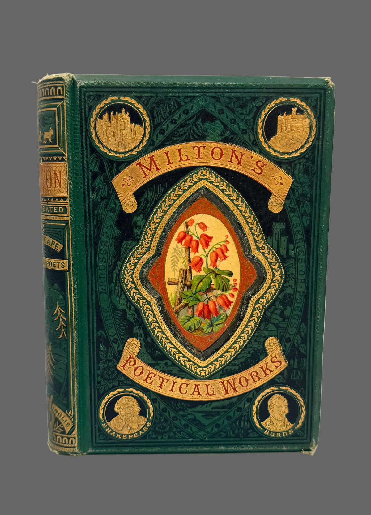 An antique hardcover book titled 'Milton's Poetical Works' with a dark green embossed cover and ornate gold detailing, photographed against a plain white background.