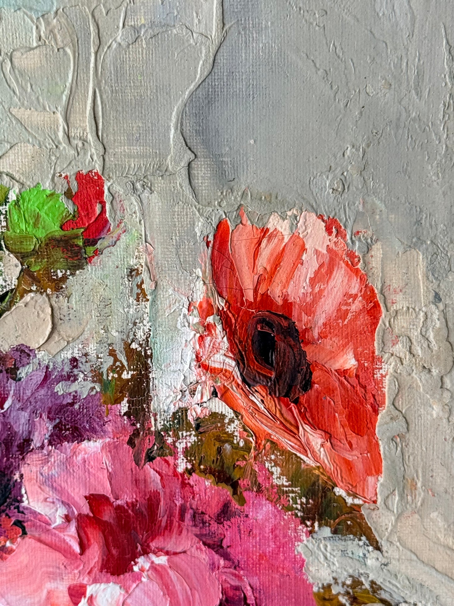 Red Floral Oil Painting, 18”