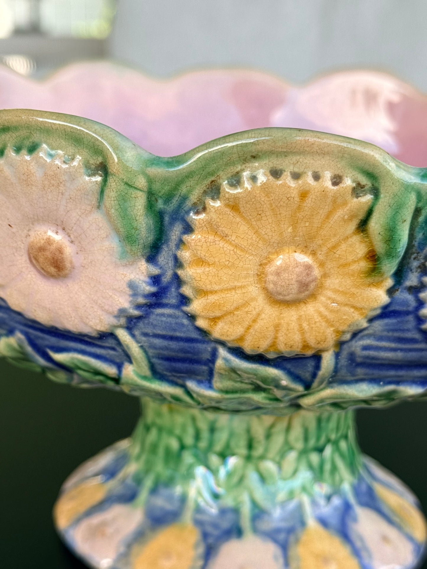 Majolica Ceramic Floral Compote Centerpiece, Griffin Smith