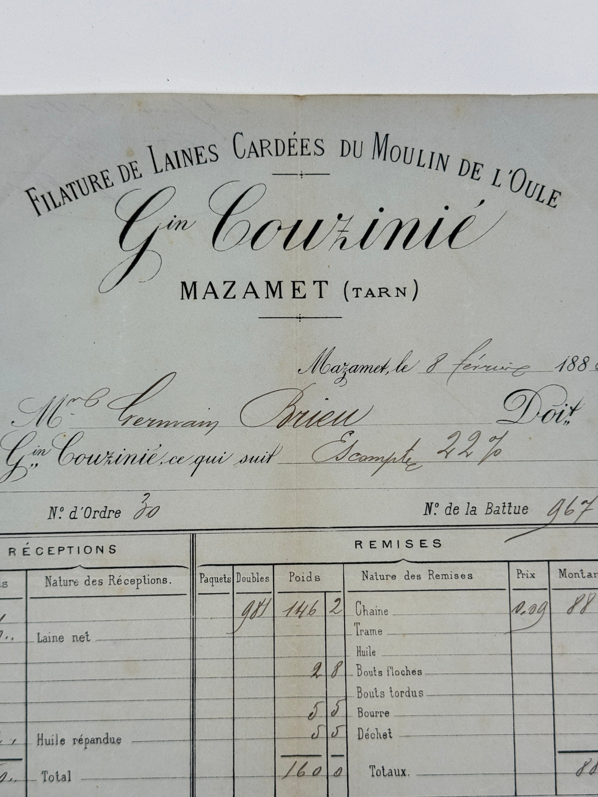 French Antique Blue Tone Invoice, 1886