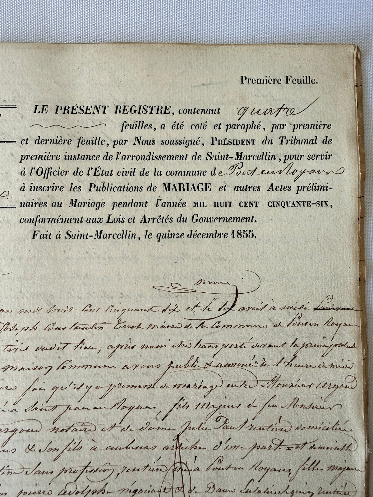 French Publication of Marriage, 1856, Saint Marcellin DSM Vintage