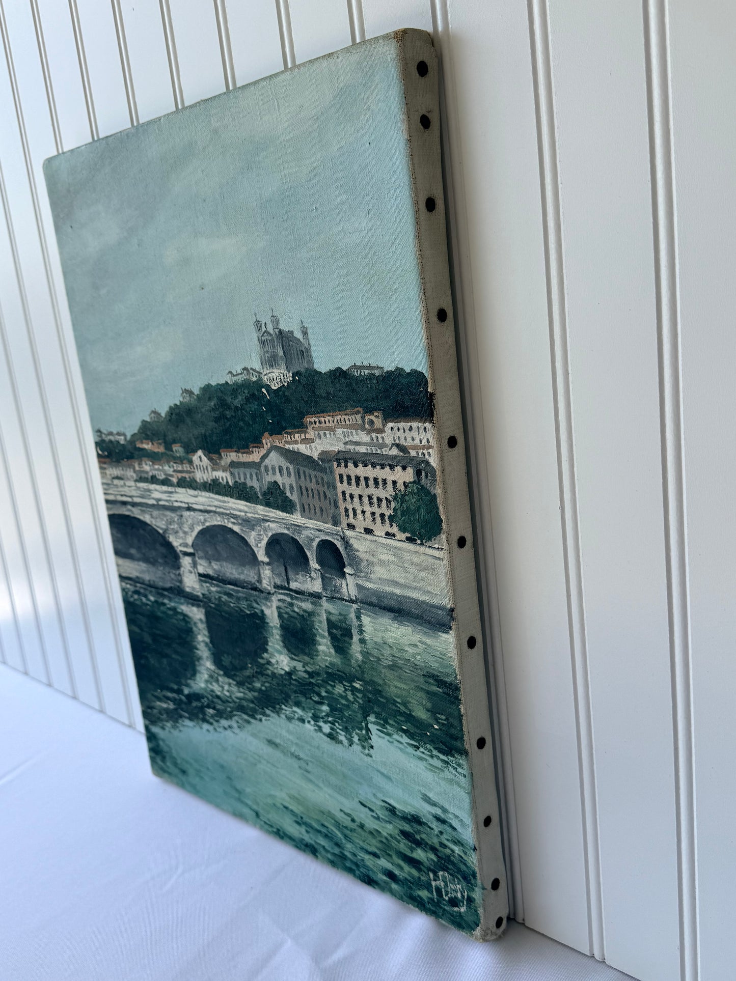 Vintage French Oil Painting Lyon Tilsit Bridge & Saône River, 18”