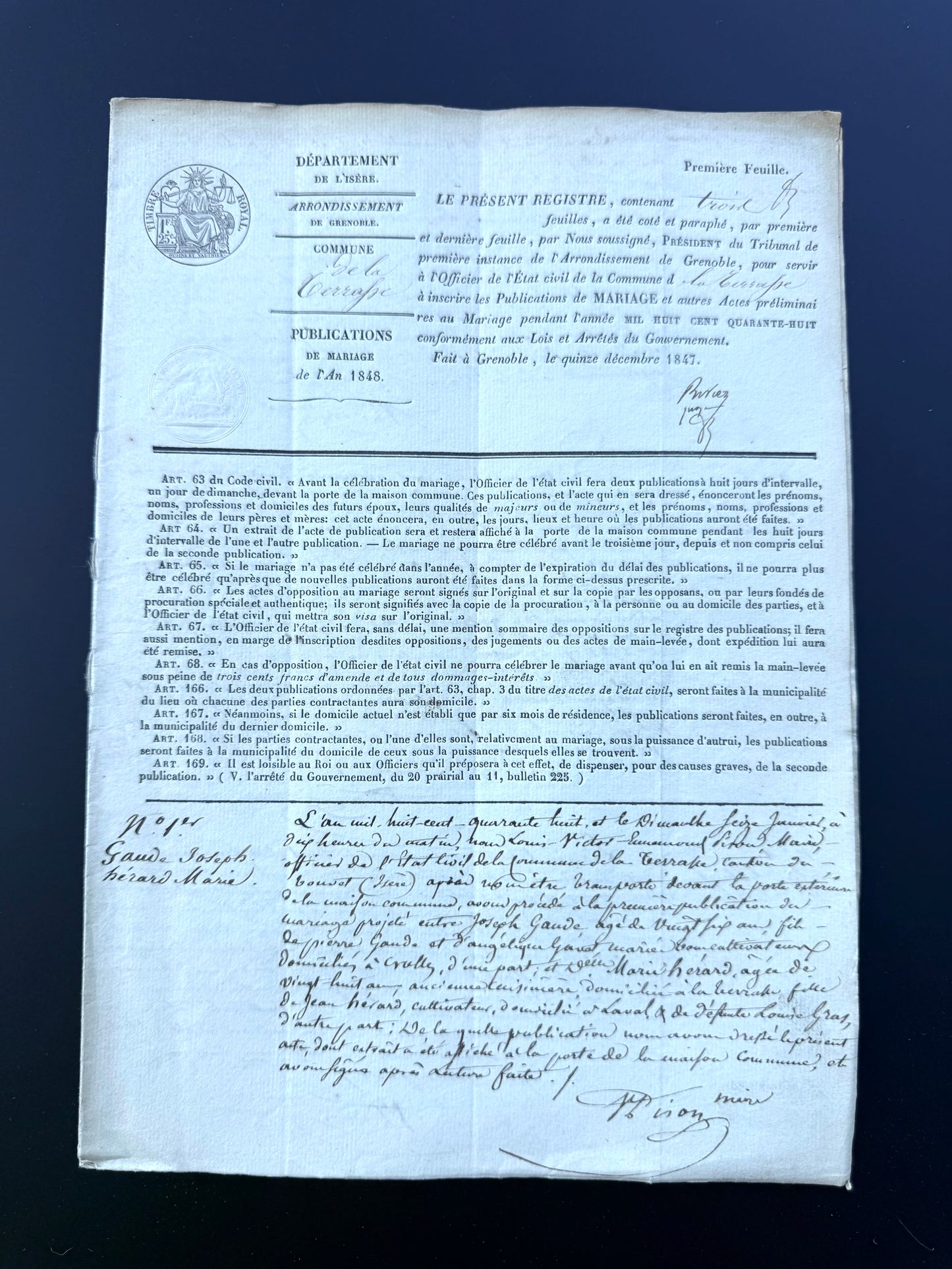 French Handwritten Marriage Registration Document, 1848