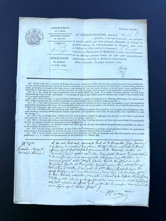 French Handwritten Marriage Registration Document, 1848