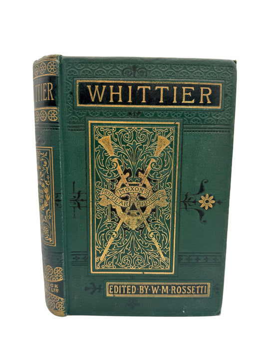 A vintage hardcover book titled 'Whittier' with ornate gold embossed detailing on a dark green cover, photographed against a plain white background.