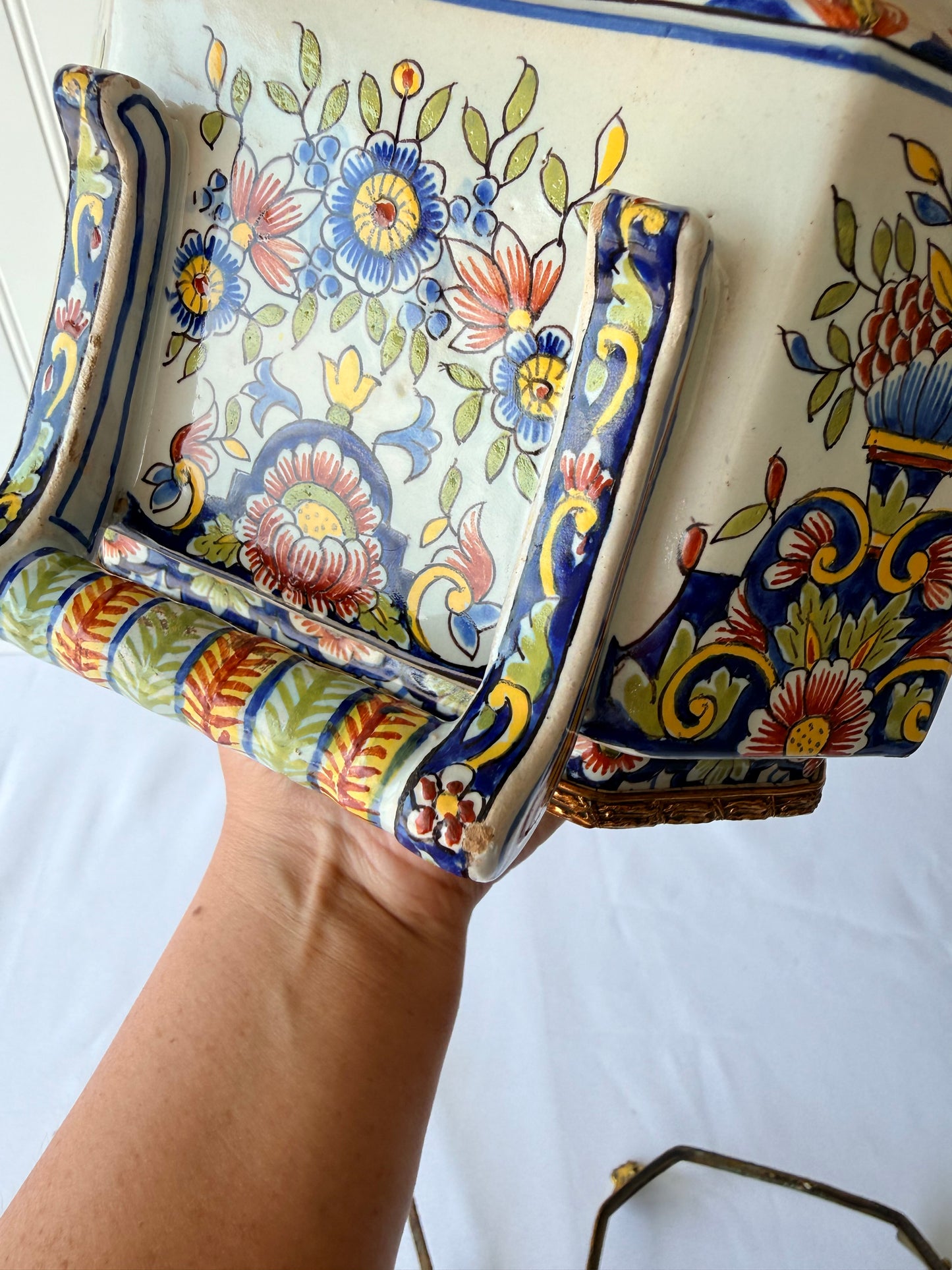 French Faience Style Hand Painted Jardiniere, 9”