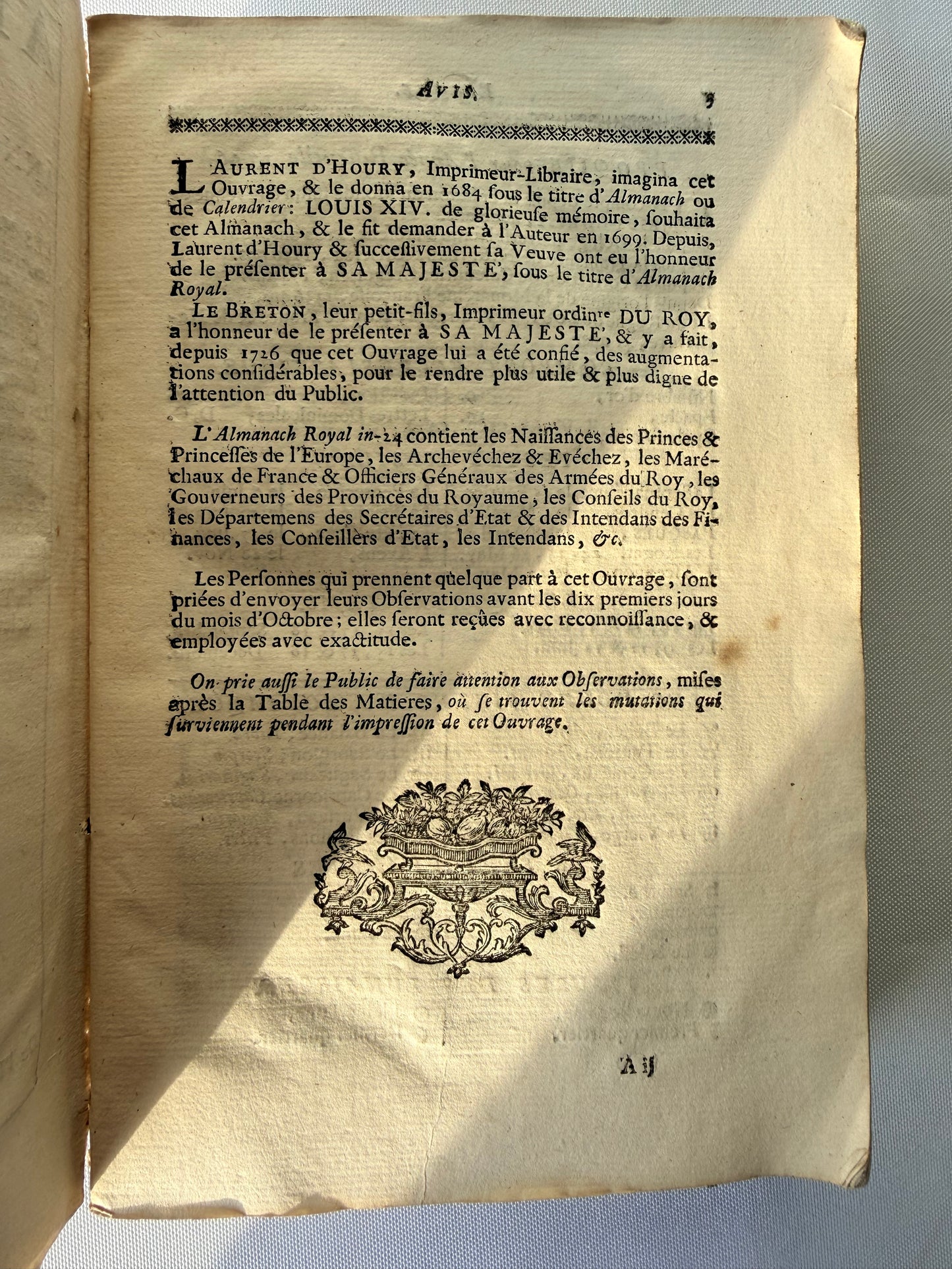 Almanach Royal, French 18th Century Almanac, 1756