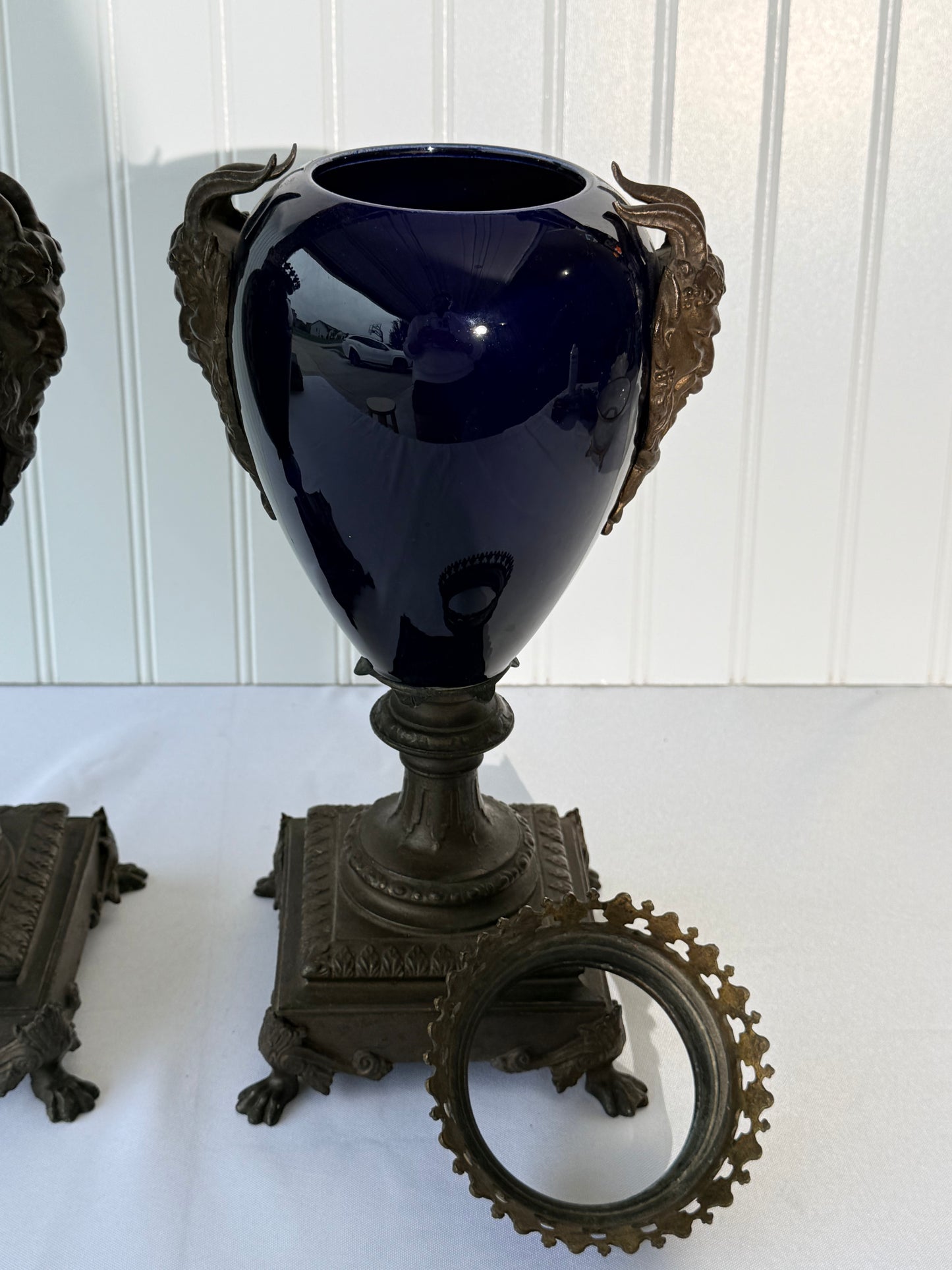 Neoclassical Cobalt Blue Urns on Footings with Bronze Faces, 14”