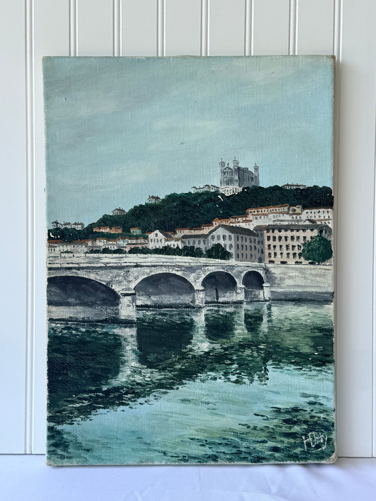 Vintage French Oil Painting Lyon Tilsit Bridge & Saône River, 18”