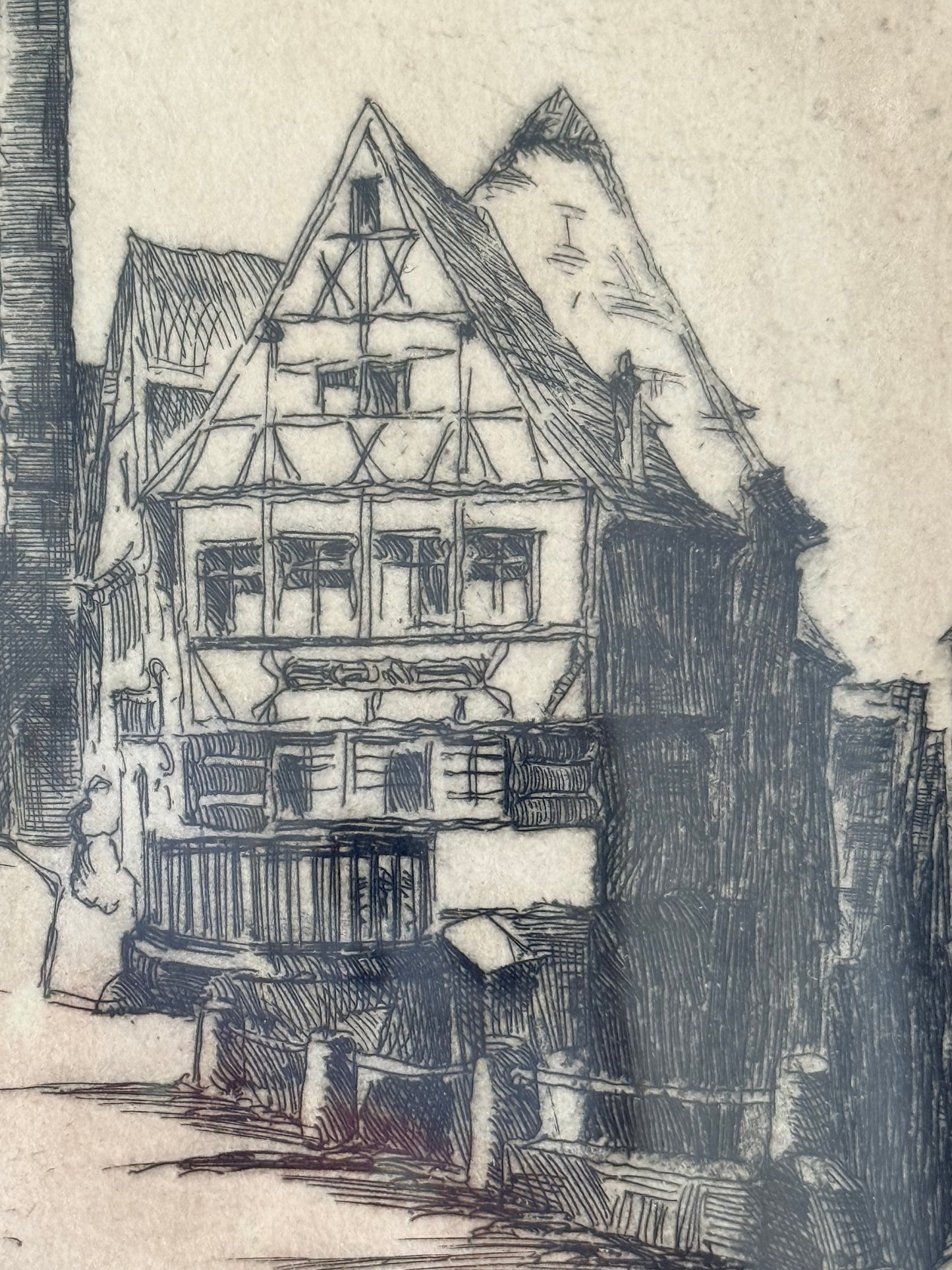 Rothenburg Marcus Tower Antique Etching, Germany, 12”