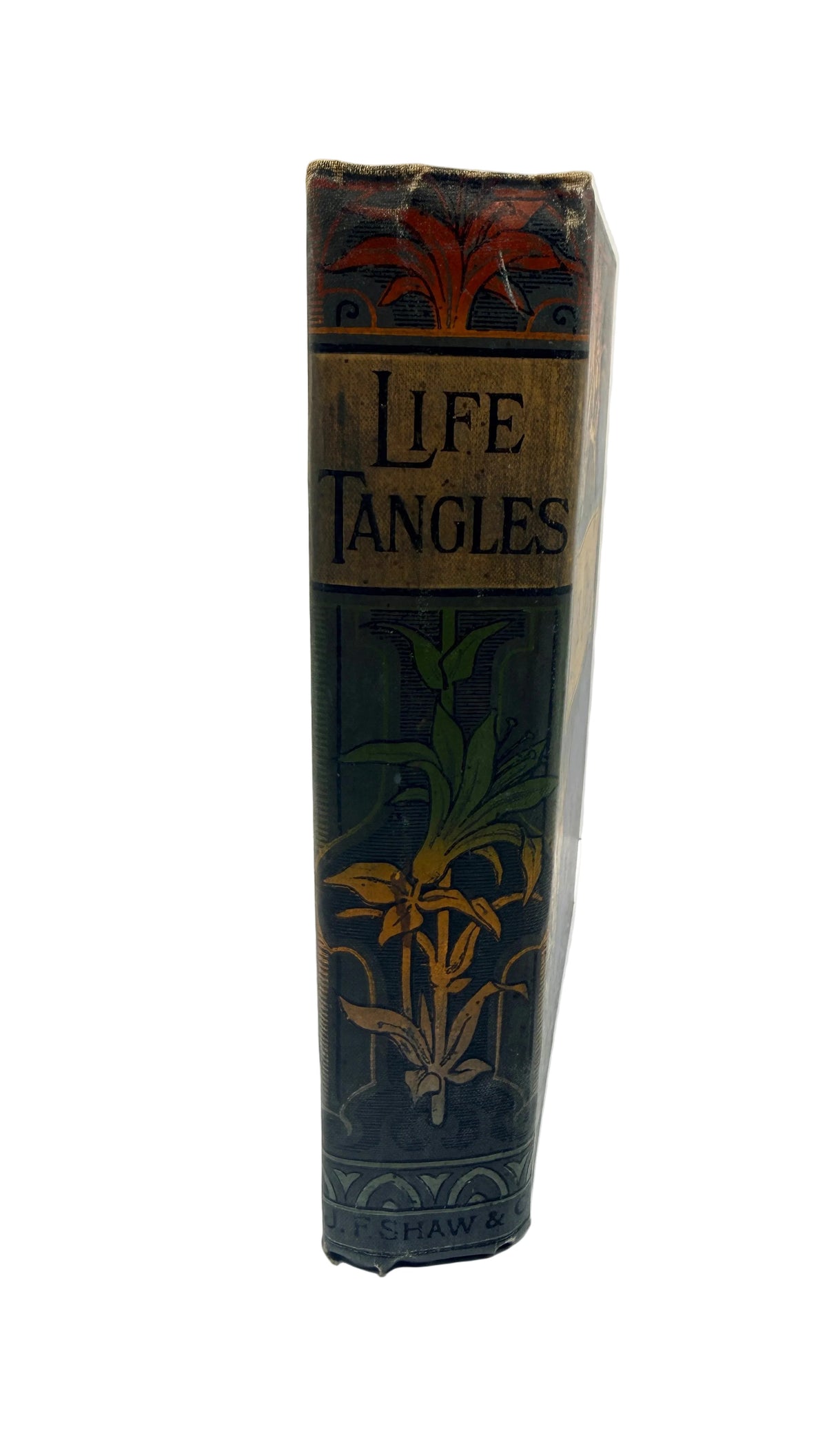 A vintage hardcover book titled 'Life Tangles' standing upright on a white surface against a white background. The book spine features a dark blue-green cover with gold-toned botanical illustrations and gold lettering.