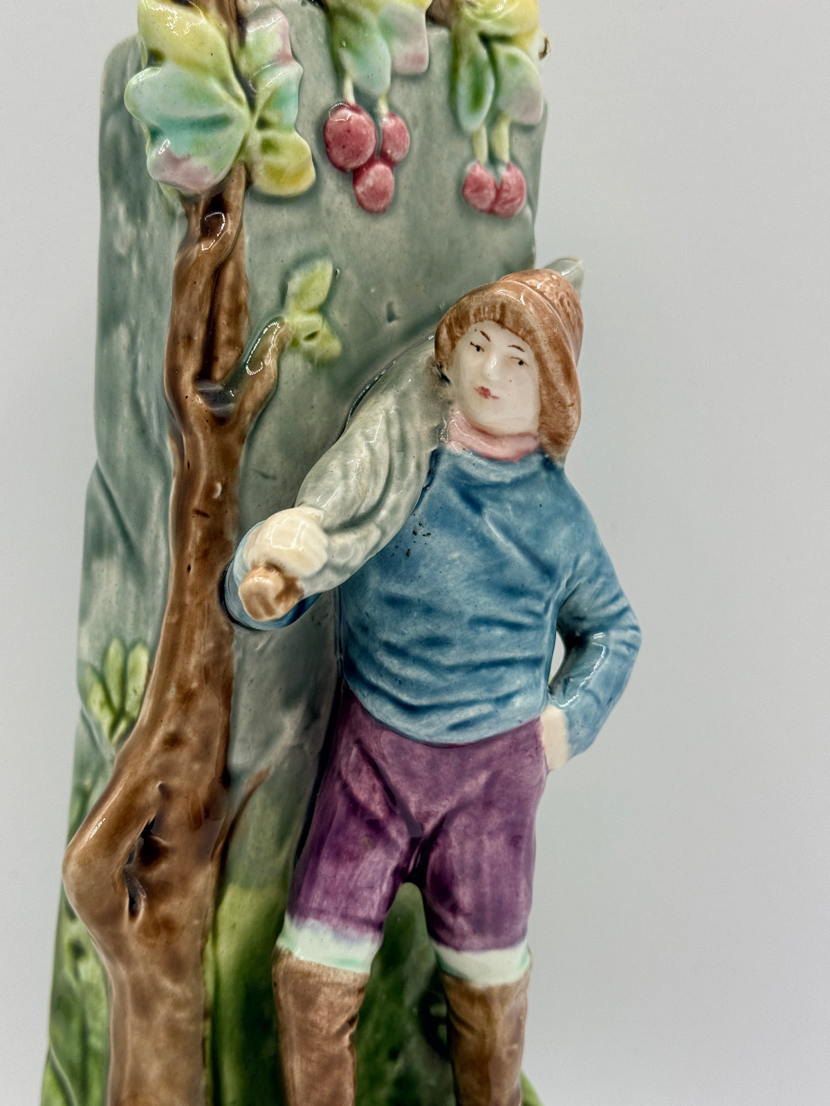 Majolica Statue Vase with Boy & Tree Scene, 10"