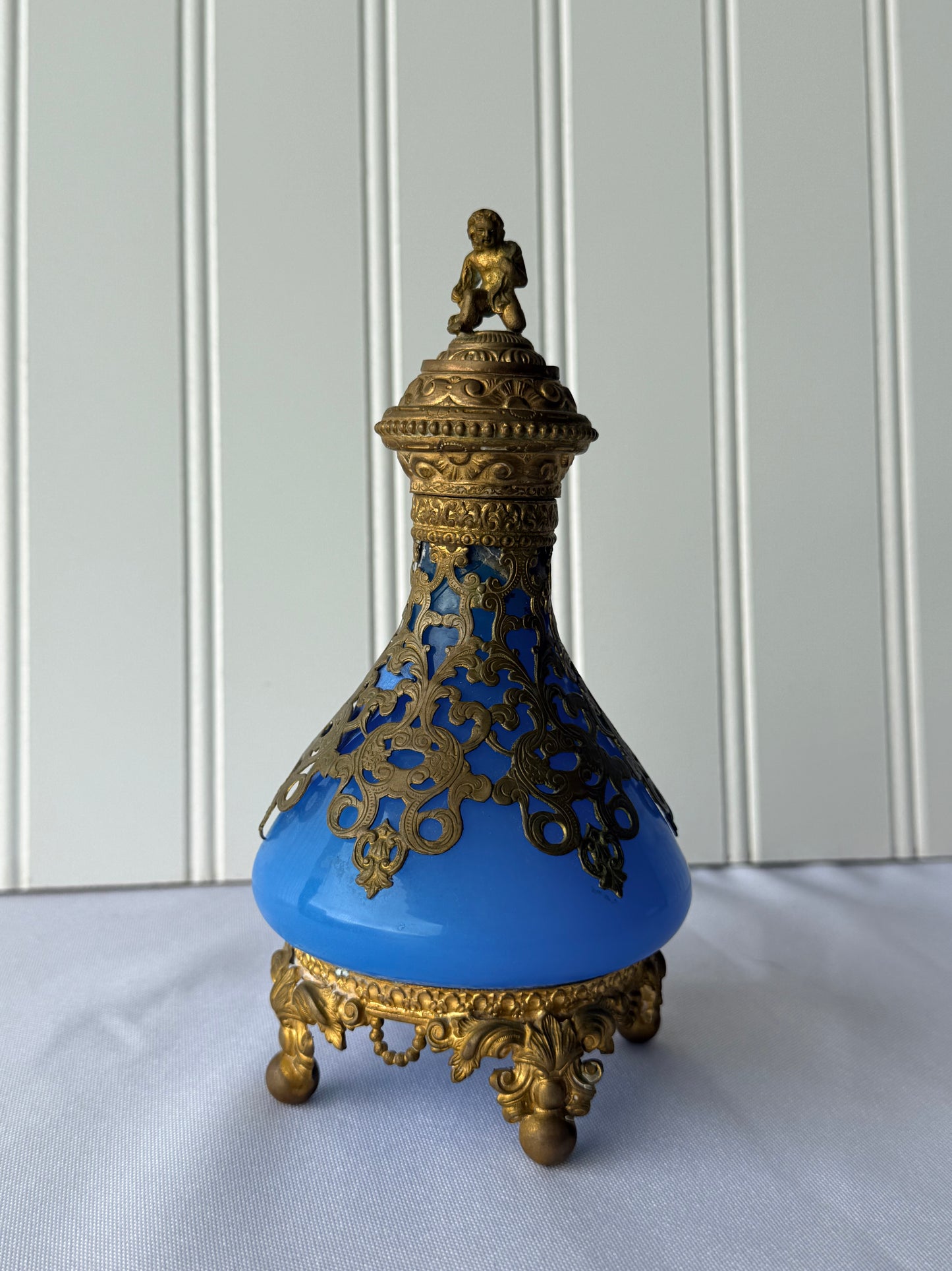 Antique French Royal Palais Blue Opaline Ormolu Glass Perfume Bottle