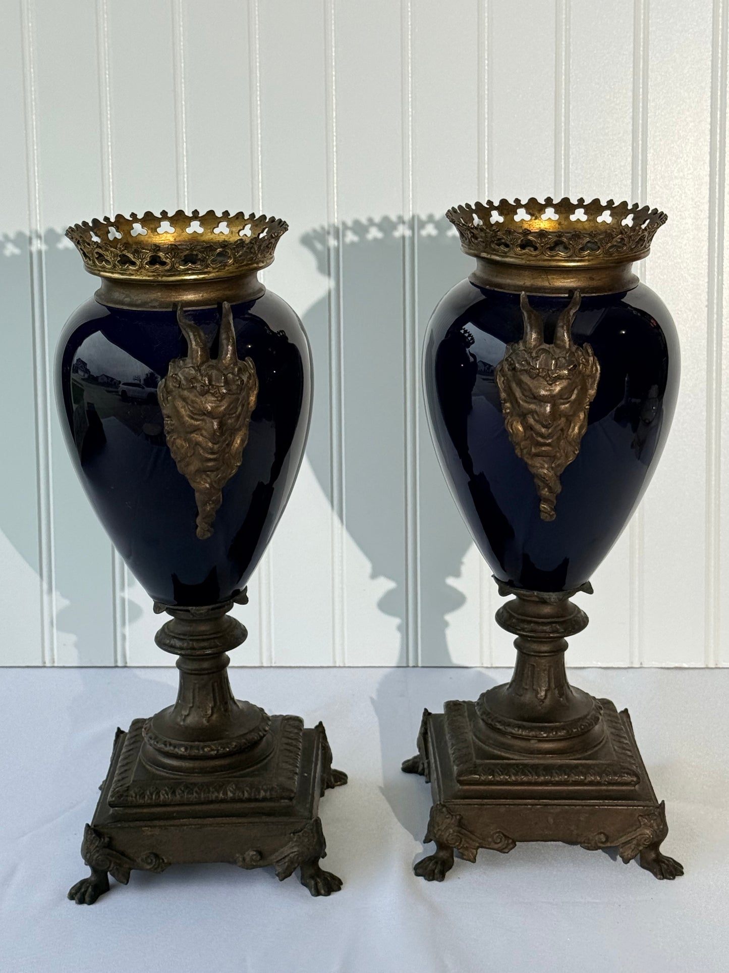 Neoclassical Cobalt Blue Urns on Footings with Bronze Faces, 14”