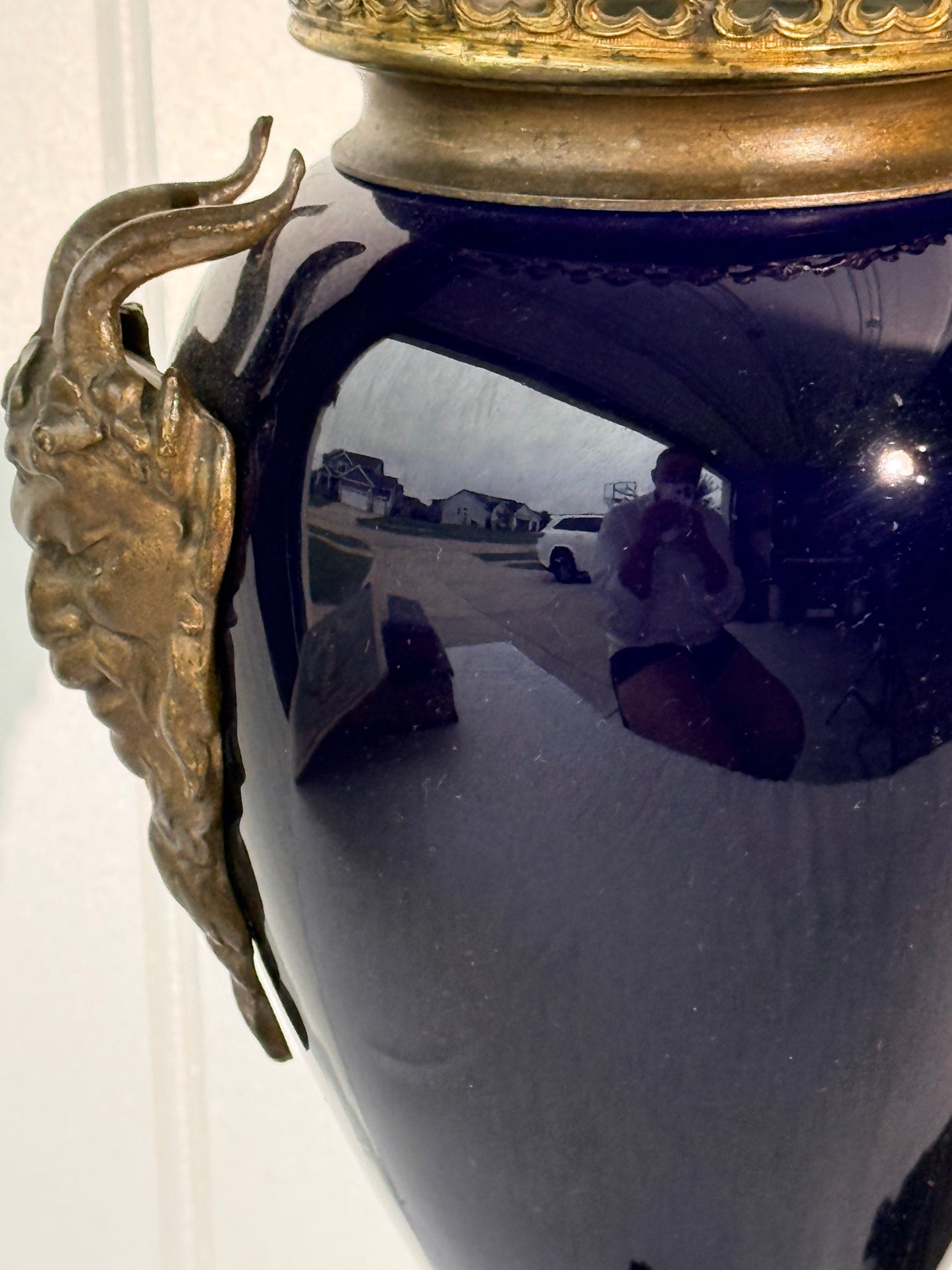 Neoclassical Cobalt Blue Urns on Footings with Bronze Faces, 14”