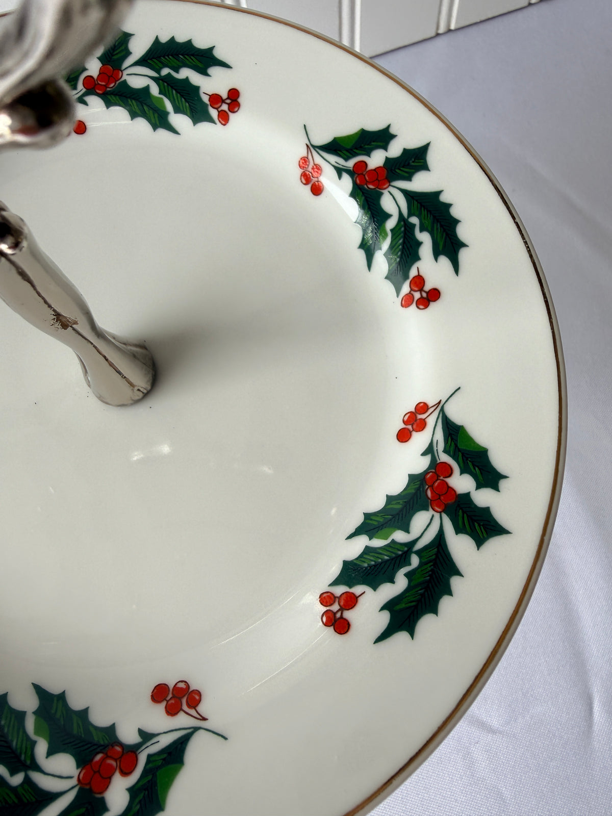 Vintage Christmas Holly Berry Pedestal Serving Plate Display