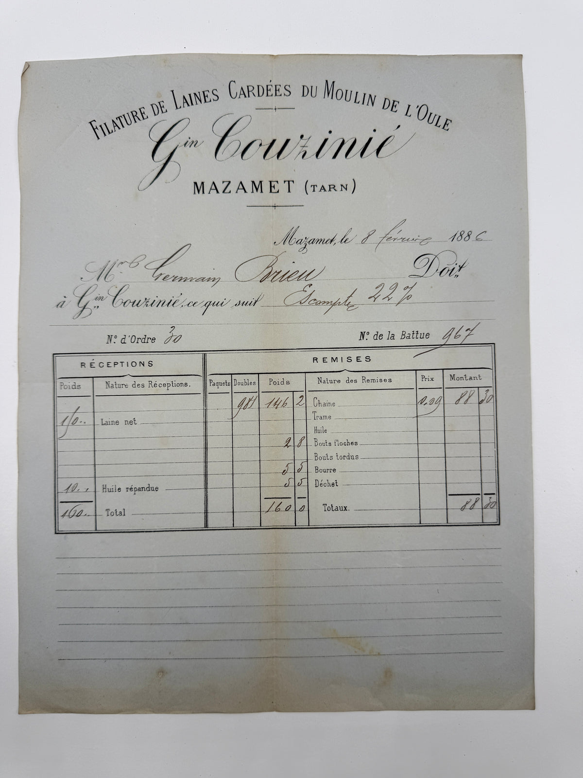 French Antique Blue Tone Invoice, 1886