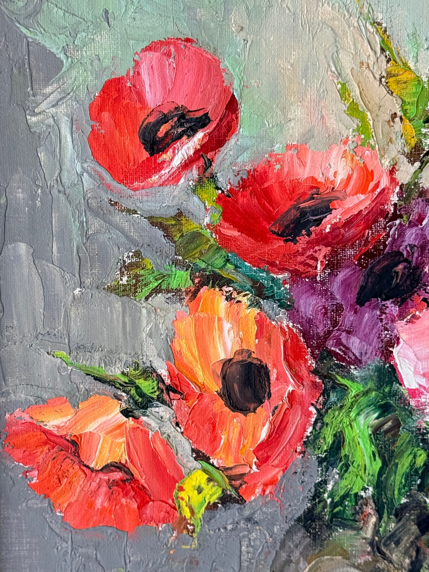 Red Floral Oil Painting, 18”