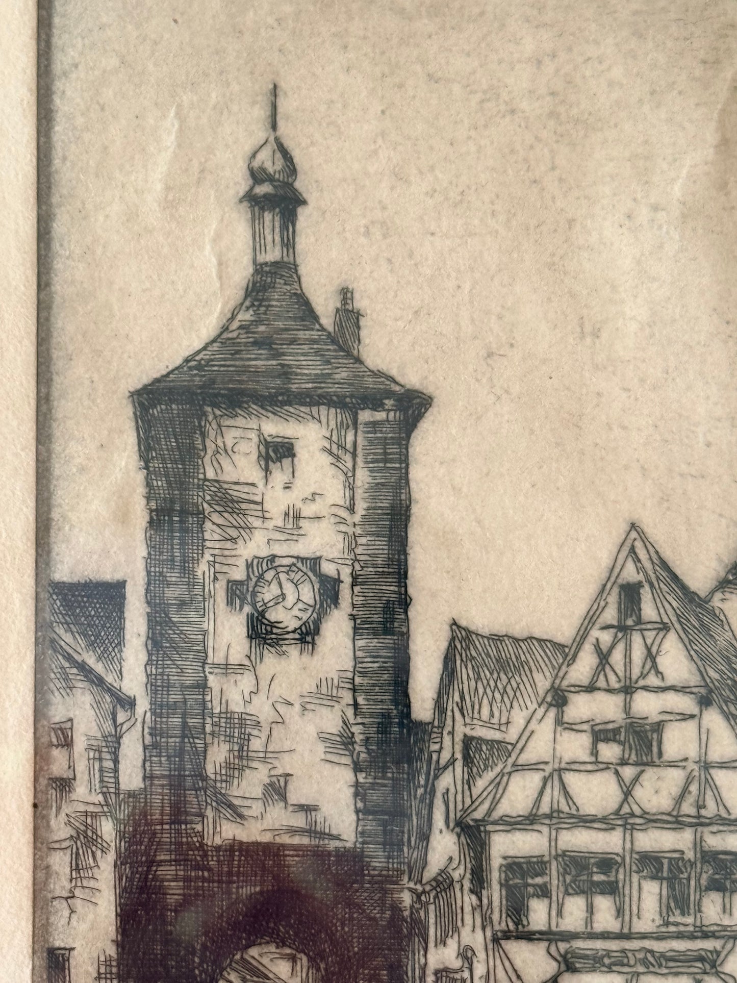 Rothenburg Marcus Tower Antique Etching, Germany, 12”