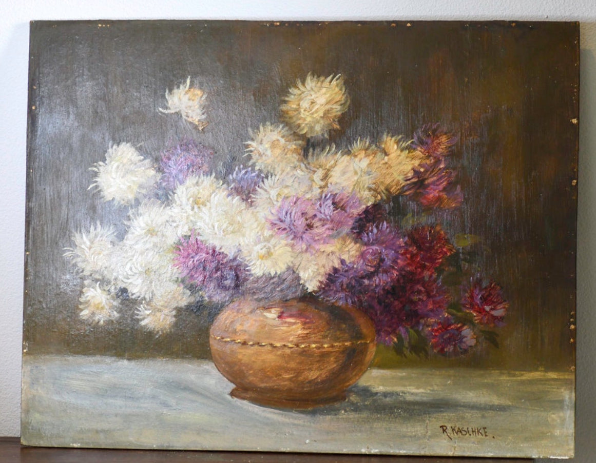 Oil painting of a still life with flowers in a vase on a dark background