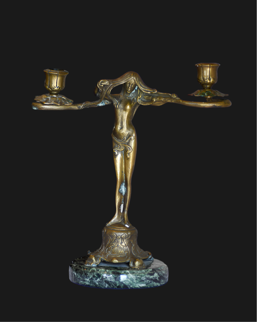 Art Nouveau Style Female Statue Candleabra, 11"