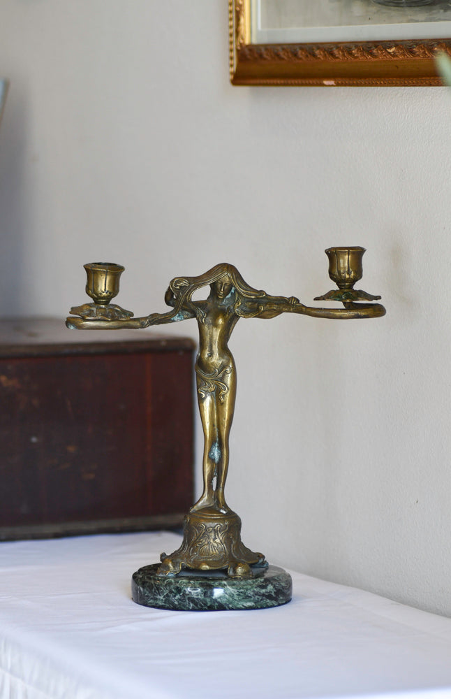 Art Nouveau Style Female Statue Candleabra, 11"