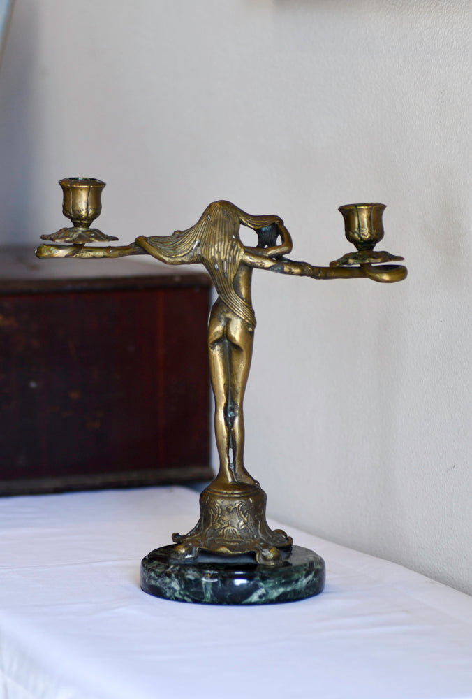 Art Nouveau Style Female Statue Candleabra, 11"