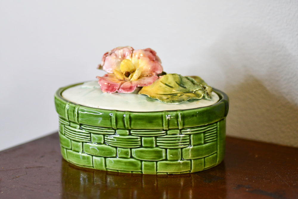 Majolica Weaved Basket Ceramic Floral Box