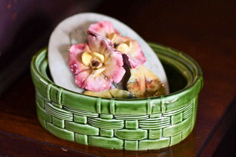 Majolica Weaved Basket Ceramic Floral Box