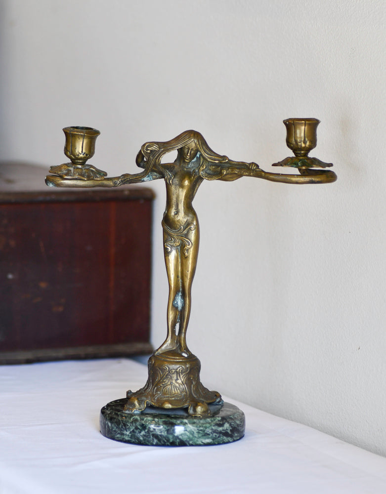 Art Nouveau Style Female Statue Candleabra, 11"