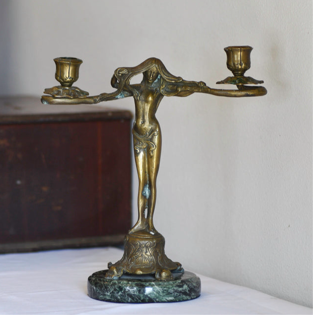 Art Nouveau Style Female Statue Candleabra, 11"