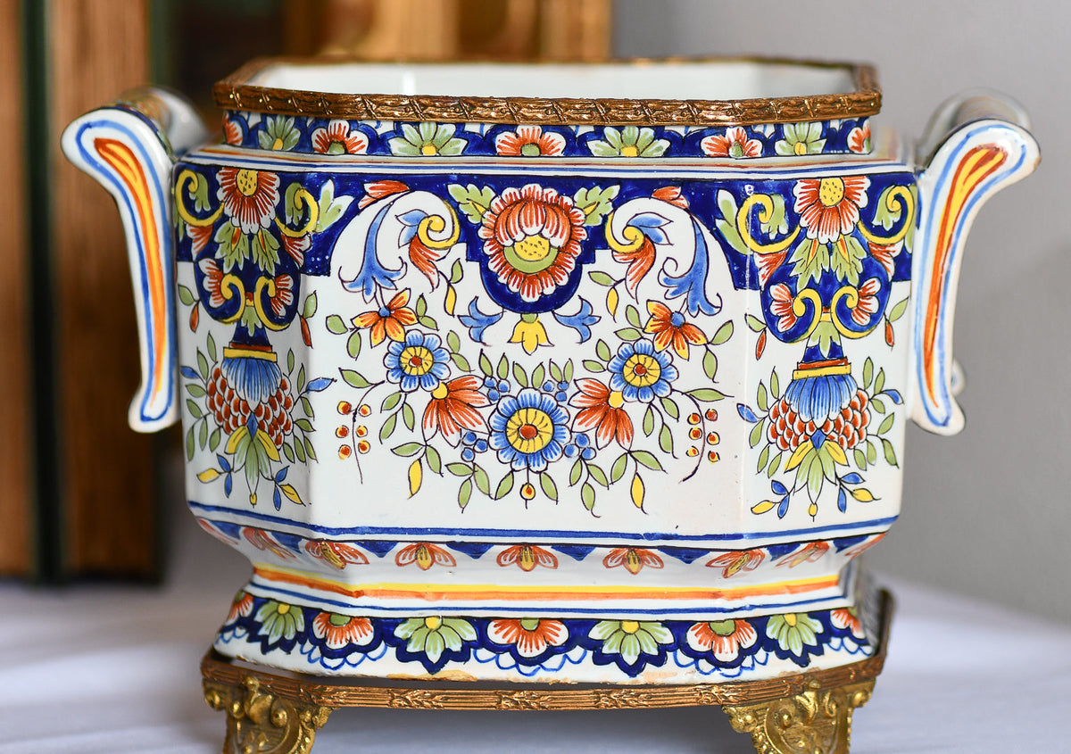 French Faience Style Hand Painted Jardiniere, 9”