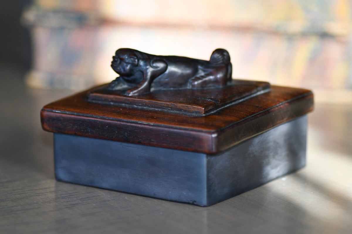 Vintage Carved Wooden Inkwell with Foo Dog, 4.5"