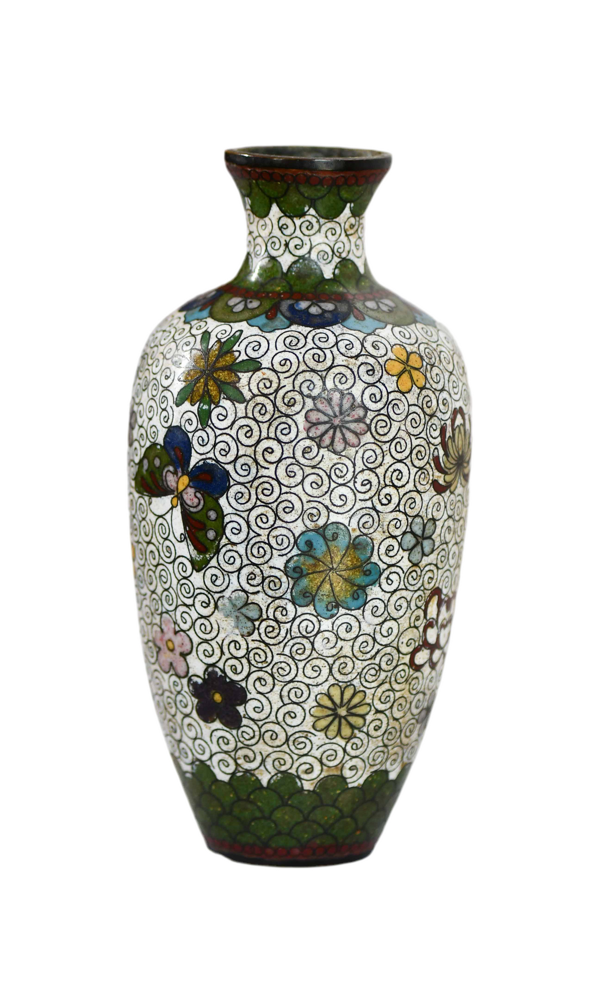 Green & White Cloisonné Vase with Butterflies, 6"