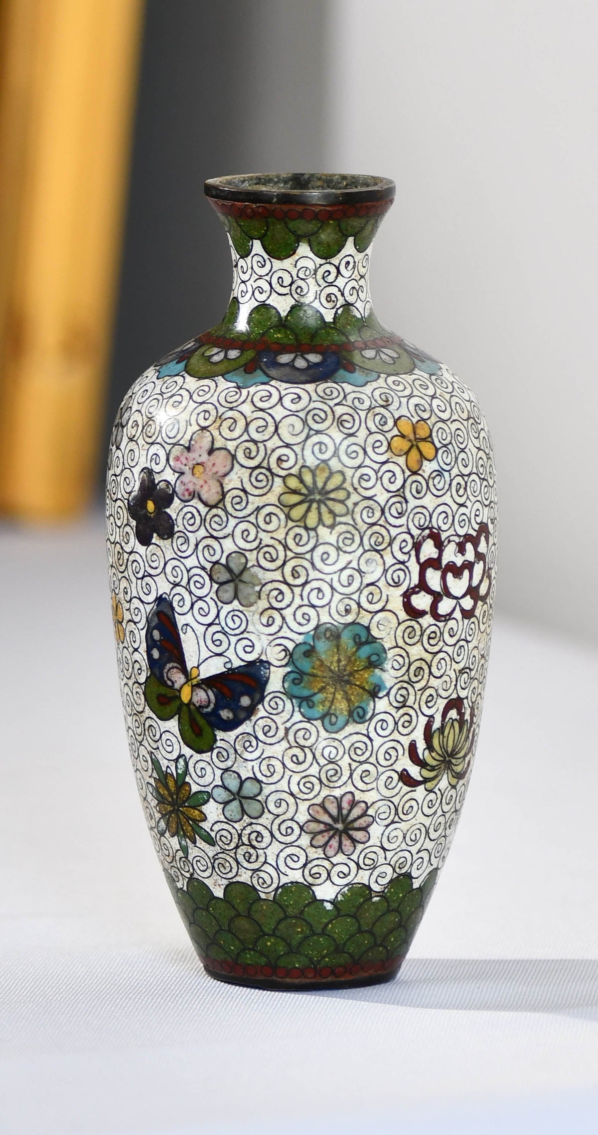 Green & White Cloisonné Vase with Butterflies, 6"