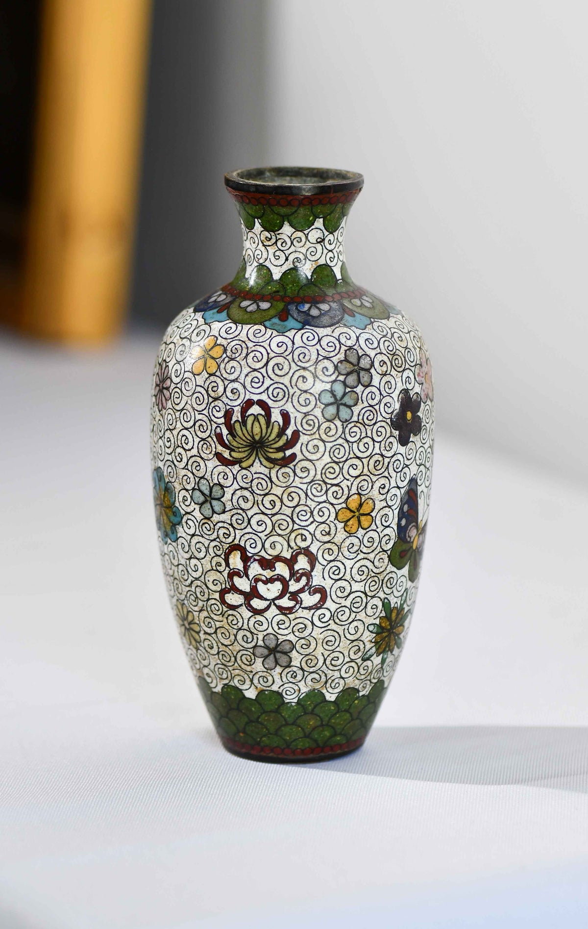 Green & White Cloisonné Vase with Butterflies, 6"