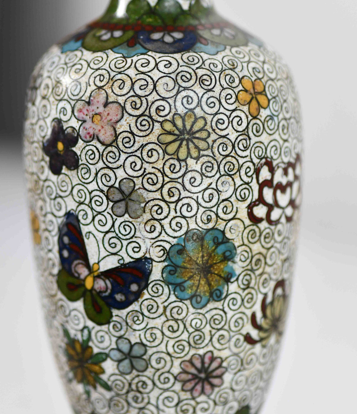 Green & White Cloisonné Vase with Butterflies, 6"
